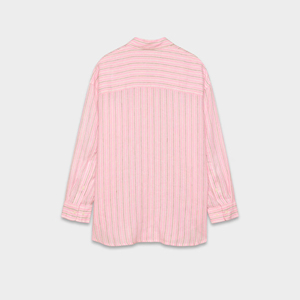 Camisa Casual de Lino con Rayas Verticales Rosa y Beige, Manga Larga, Bolsillo en el Pecho, Corte Holgado, con Botones - Product Image 6