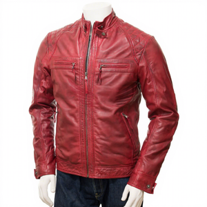 Chaqueta de Cuero Genuino Rojo para Hombre, Estilo Motero, Cuello Alto, Piel de Vacuno, Hombros Acolchados, Bolsillos con Cremallera, Clásica, Personalizada, Abrigo Cálido de Invierno - Product Image 1