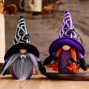 Purple Handmade Rudolph Faceless Doll Decoration Halloween Witch Cloak Hat Plush Gnomes for Halloween Party Home Table Decor