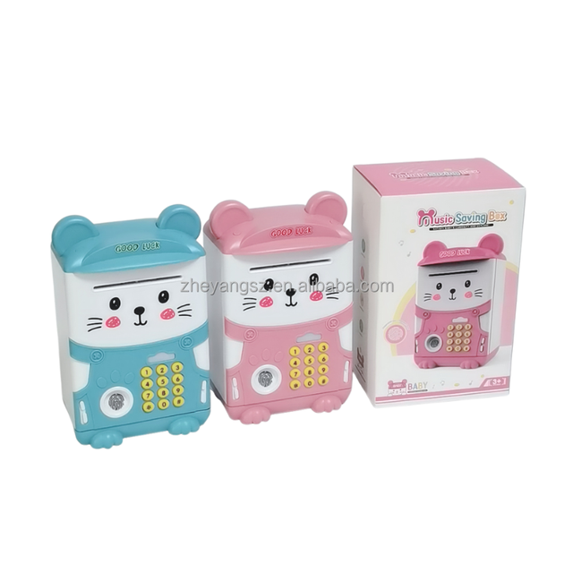 2022 Saving Money Cartoon Mouse Shape Auto Roll Money Store Coins Light Music Fingerprint Unlock ATM Piggy Bank for Kids