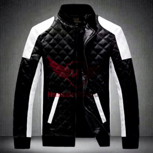 Blouson bombardier noir et blanc matelassé pour homme en cuir d'agneau pour moto-Vente en gros - Product Image 1