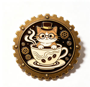 Pin Metálico de Gato Steampunk en Taza de Café, Latón Chapado en Oro, Esmalte Duro, Circular, Artículo Coleccionable - Product Image 2