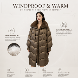 Nuovo Arrivo Parka Invernale da Donna <span class=keywords><strong>Marrone</strong></span> Bronzo alla Moda, Elegante Giacca Lunga Imbottita con Bordo in Pelliccia Sintetica e Polsini a Costine - Product Image 3