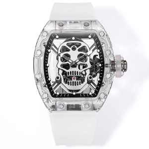 Men's Skull Skeleton Automatic Mechanical <b>Watch</b>, Transparent Crystal Tonneau Shaped <b>Watch</b> - Product Image 1