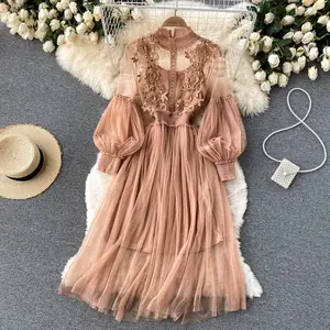 Tempo libero elegante vedere attraverso cinturino sottile foderato abito in Chiffon da donna manica lunga elastico in vita vestito Casual da vacanza