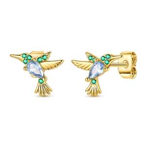 Boucles d'oreilles clous en argent 925 plaqué or avec zircon <span class=keywords><strong>rouge</strong></span> mélangé, motif oiseau ailé - Abeille Colibri - Boucles d'oreilles personnalisées pour fiançailles à thème animal - Product Image 6