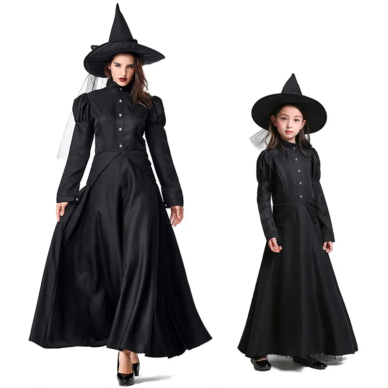 ליל כל הקדושים קוסם אוז תצוגת בבגדי הבמה למבוגרים קוספליי שחור הורה אמא וילד אישה תחפושת קרנבל מכשפה