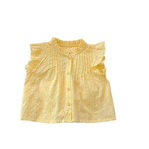Girls' Summer Cotton Pleated Top With Ruffle Sleeve Solid Color Children's Blouse For Kids - Product Image 5