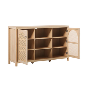 <span class=keywords><strong>Buffet</strong></span> d'entrée en rotin arqué style bohème avec étagères réglables pour salon, salle à manger et entrée. - Product Image 2