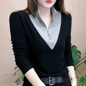 Women's <b>Long</b> <b>Sleeve</b> Zipper Stand Collar Splicing Warm <b>Base</b> <b>Layer</b> Top Coffee Color Slim Fit Autumn Winter Wear - Product Image 2