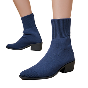 Bottines mi-mollet en tricot extensible style rétro pour <span class=keywords><strong>femme</strong></span>, à bout pointu, talon carré, semelle en caoutchouc antidérapante, à enfiler, élastiques, chaussures de mode - Product Image 1