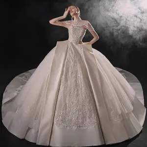 Jancember gaun pengantin wanita LSMX063, desain khusus Satin Tulle leher tinggi