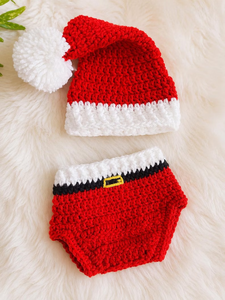 Conjunto de Ropa de Bebé Tejida a Crochet Hecha a Mano para Navidad, Gorro Rojo de Invierno y Pantalones Dhoti, Atuendo Unisex para Sesión de Fotos - Product Image 1