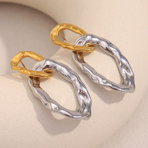 Pendientes Colgantes Ovalados Entrelazados Martillados Chapados <span class=keywords><strong>en</strong></span> Oro de 18K y Plata, de Acero Inoxidable 316L, Irregulares, para Mujer, Venta al por Mayor - Product Image 5