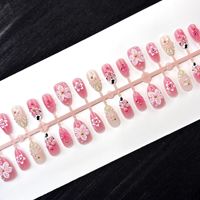 Pointes d'ongles 3D en résine en forme d'amande, à thème cœur, scintillantes, rose blush, style français, motif floral imprimé vache
