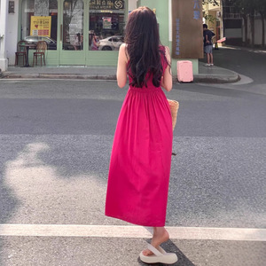 French Retro Rose Red U Neck Suspender Maxi Dress Pleated Waist Full Skirt Women Summer Casual Dress Breathable Vintage Style - Product Image 3
