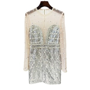 Nouvelles robes pour femmes en maille à manches longues avec perles et paillettes, tendance - Product Image 1