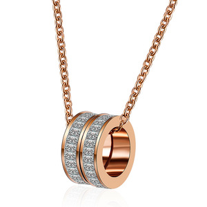 European American Style 304 Stainless Steel <b>Necklace</b> 7MM Double <b>Ring</b> Full Circle Diamond Pendant Simple Women's Clavicle Chain - Product Image 2