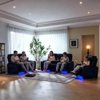 Ensemble de canapés inclinables de cinéma électrique avec massage, en cuir véritable, design moderne, chargeur sans fil, lumières LED pour usage en centre commercial et hôtel