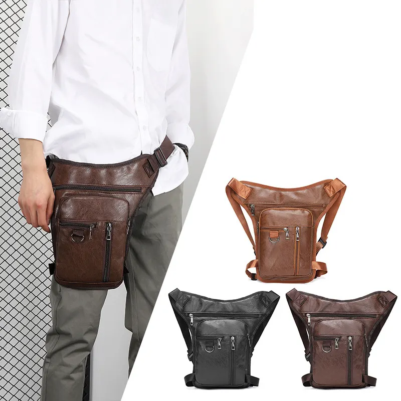 Wholesale PU leather leg bag for men and women motorcycle waist fanny pack custom Vegan leather leg tool bag for hiking