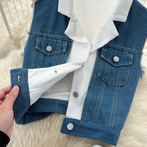 Conjunto de 2 piezas de mezclilla casual para mujer: chaleco sin mangas con solapa y pantalones rectos de cintura alta con pernera ancha, diseño de colores en contraste, a la moda. - Product Image 5