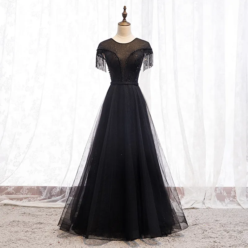 2020 High Quality Black Lady Party Dress Applique Bead Tassels Backless A-Line Bridesmaid Dresses Long