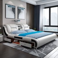Canapé-lit moderne en PU de 1,8 m, taille Queen/King, luxe léger, projection, massage, ambiance, panneau en bois pour chambre principale, rangement