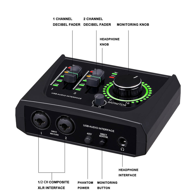 Professional External USB Sound Card Audio Interface Multiple Electronic Sounds Adjustable Voice for Studio Live Recording