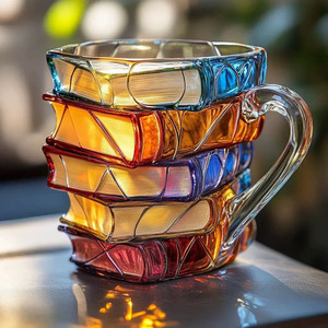 Taza de Vidrio Pintada a Mano en 3D con Diseño Único de Pila de Libros, Artesanía Única para Bar - Product Image 4