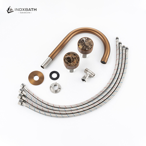 حنفية حوض من الفولاذ المقاوم للصدأ 304 مثبتة على السطح بثلاث فتحات ومقبضين من اليشم ومخرج مزدوج بتصميم كورلنغ بلون ذهبي وردي مصقول - Product Image 2