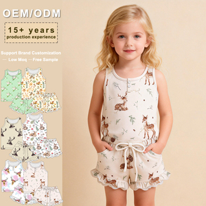 Pijamas de Verano para Bebés de Alta Calidad con Estampado Personalizado, Conjunto de 2 Piezas con Top con Volantes y <span class=keywords><strong>Tirantes</strong></span> para Niñas, Ropa de Dormir de Verano - Product Image 1