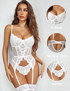Ensembles de lingerie sexy pour femmes, body en maille transparente et dentelle, col en V, à bretelles, tenue de performance - Product Image 2