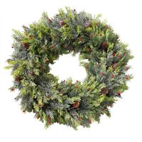 Karangan Bunga Natal Buatan 60cm dengan Buah Pinus dan Buah Merah, Karangan Bunga Pintu Depan untuk Dekorasi Dinding Rumah.