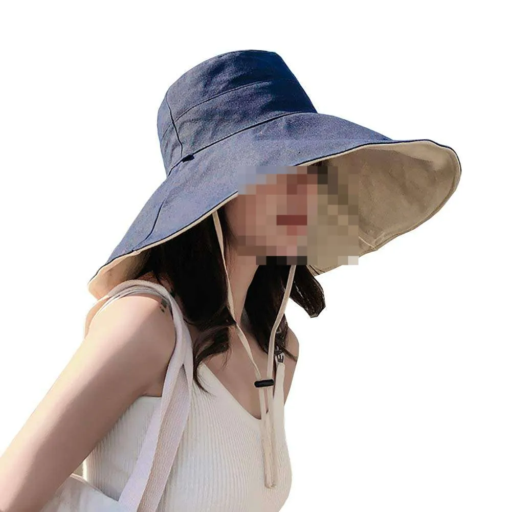 Navy Large Wide Brim Anti-uv Beach Hat Women Sun Hats Foldable Summer Bucket Hat