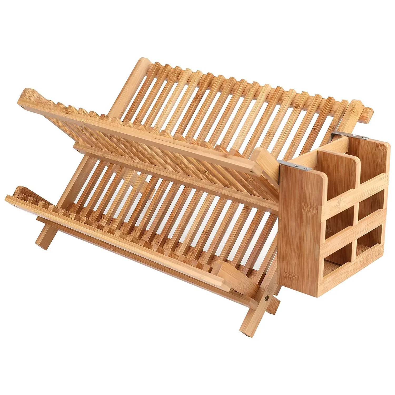 2-Tier Foldable Bamboo Dish Drying Rack Collapsible Plate Organizer for Sink Shelf & Storage for Plates Cups Mugs Flatwares