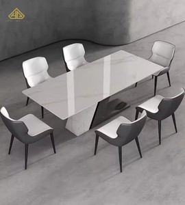 Table à manger en dalle de pierre brillante avec plateau minimaliste blanc montagne enneigée - Product Image 1