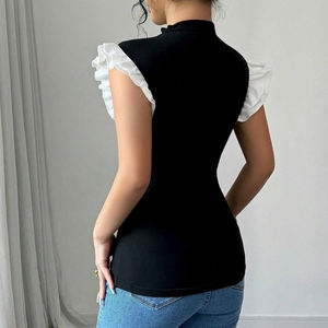 Женская черная майка без рукавов с белой оборчатой отделкой и воротником-стойкой, футболка для женщин - Product Image 2