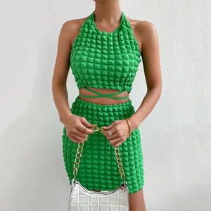 Custom Summer New Fashion 2023 Vestidos de mujer Ropa al por mayor Halterneck Green Outfits Bodycon Sexy 2 PCs Faldas Conjuntos - Product Image 4