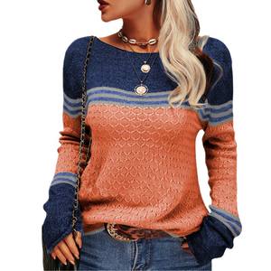 Custom Made Elegant Long-Sleeved Korean Style Autumn Winter Sweater New Crochet Work Tops <strong>Striped</strong> Color-Blocked <strong>Jumper</strong> for Women - Product Image 1