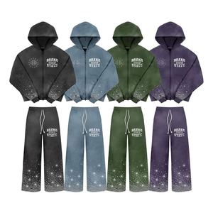 wholesale Custom Streetwear Vintage Zip <b>Hoodie</b> and Sweatpants Set Distressed Patch Embroidery Sun Faded Acid Wash Tracksuit - Product Image 1