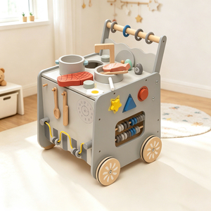 Chariot d'activités en bois pour bébé, <span class=keywords><strong>cuisine</strong></span> ludique, jouet à pousser Montessori avec ustensiles de <span class=keywords><strong>cuisine</strong></span>, certifié CE CPC - Product Image 1