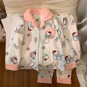 Ensembles de vêtements de nuit 7501 #   Pyjama en flanelle à col châle pour femmes, pyjama d'hiver à motif de dessin animé, couleur contrastée - Product Image 4