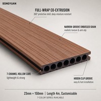 Planche de terrasse WPC à 7 cavités entièrement co-extrudée en 3D, rainures étroites, antidérapante, composite bois-plastique, revêtement de sol extérieur