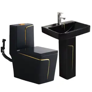 Modern Square Sanitary Ware WC Combo Ceramic Toilet Sink Set Bathroom Black And Gold Toilet