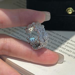 S925 Pure Silver Daisy <b>Ring</b> with Niche Design Simple French Elegance Medieval Vintage Small Flower <b>Opening</b> Inlay <b>Ring</b> - Product Image 4