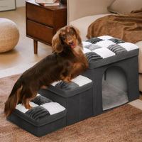 Luxuriöse 3-Stufen Faltbare Hundetreppe Handgefertigt Umweltfreundlich Abnehmbar Waschbar Graues Schachbrettmuster Aufbewahrungsbox Hundebetten