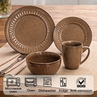 Service de table en céramique émaillée marron classique nordique Guangda, 4 pièces, assiettes, bols et tasses en grès à bordure marron, anti-fuite