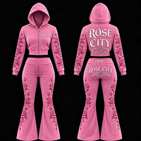 Ensemble 2 pièces pour femme avec logo personnalisé, veste courte à capuche zippée et pantalon évasé, orné de strass floraux, coupe ajustée, style streetwear