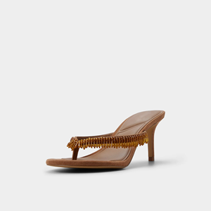 Women's Brown Suede Beaded Fringe Thong <strong>Mules</strong> Square Toe <strong>Kitten</strong> <strong>Heel</strong> Slide Sandals - Product Image 2