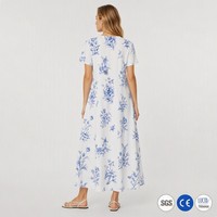 Robe longue femme 100 % coton, col en V, manches courtes, coupe trapèze décontractée, imprimé bleu Delft Porcelaine, artisanat du patrimoine néerlandais, vente en gros